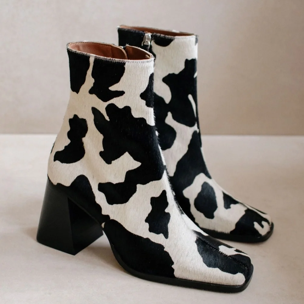 Cow Print Pony Hair Square Toe Chunky Heel Leather Boots Aloha - Picture 6 of 6